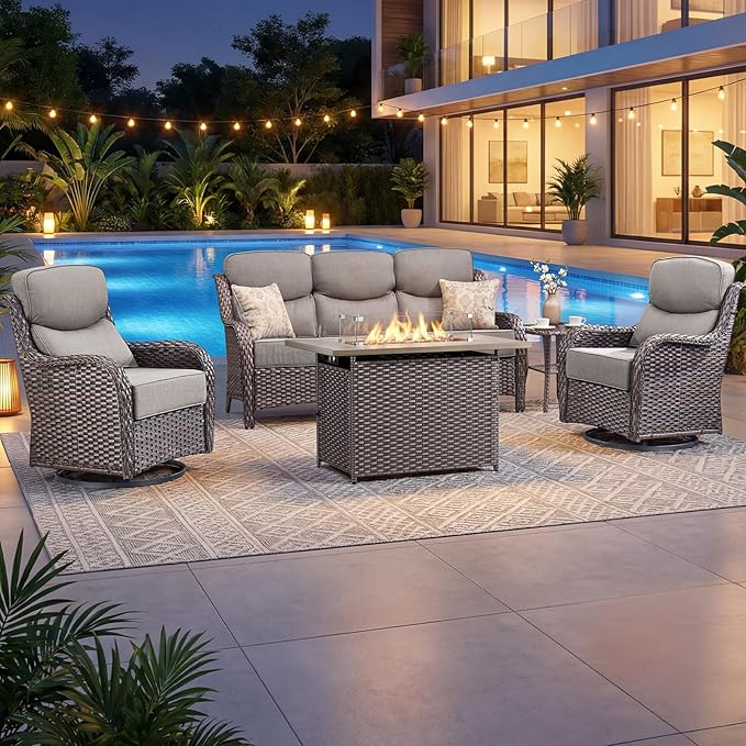 Luxury Patio Furniture Set with 6-inch Thick Cushion, Outdoor Furniture with Fire Pit Table, Swivel Chairs, Side Table, Sofa, 5pcs Wicker Conversation Set for Deck Yard and Poolside(Grey)