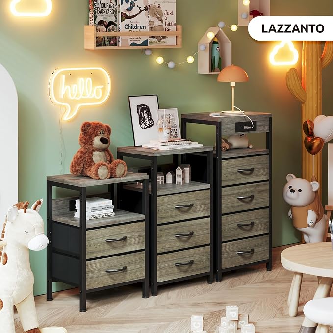 Lazzanto NightStand Bedside Charging Table Bedroom - Night Stand with Charger Station, Modern Nightstand with Open Shelf & 3 Fabric Drawers, End Table with USB-C USB Ports & AC Outlets for Dorm, Grey - Image 2