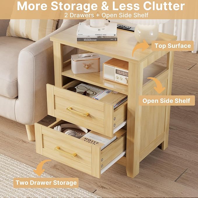 Decofy Farmhouse Nightstand with Charging Station, Modern End Tables with 2 Drawers & Open Shelf, Outlets, USB Ports and Type-C Ports, Wood Rustic Nightstands for Bedroom (2 Pack, Oak) - Image 3