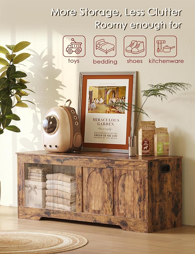 DINZI LVJ Storage Chest, 47.2”Wooden Storage Box with 2 Safety Hinges, Entryway Shoe Bench with Flip-Top, Large Trunk for Living Room, Bedroom, Easy Assembly, Rustic Brown - Image 6