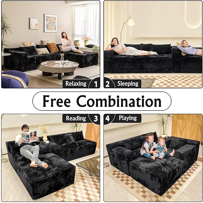 Black sectional couches for Living Room Corduroy Couch，104" Cloud Sectional Couch with L-Shape Chaise， Modern Modular Sofa, Deep Seat Comfort, No Assembly Required(Plush Corduroy Fabric)