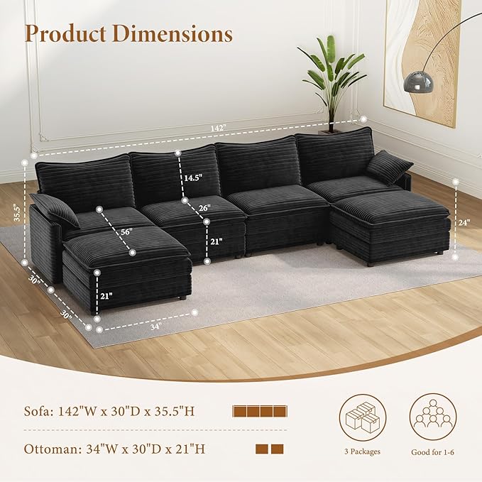 Vesgantti 142" U Shaped Sectional Cloud Couch, Large Cloud Modular Sectional Sofa with 2 Ottoman Deep Seat Corduroy Modern Modular Sofa Set for Living Room, Bedroom, Basement and Apartment, Gray