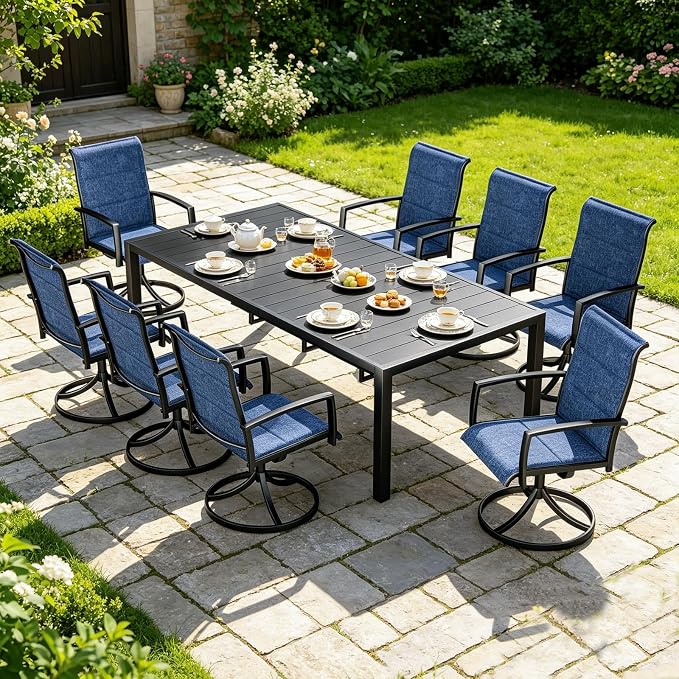 MEOOEM Expandable Outdoor Dining Set for 8, Modern 9 Piece Outdoor Dining Table Set with Highback Swivel Chairs 450LBS, All Weather Heavy Duty 8 Person Outdoor Dining Table Set for Outside, Navy Blue by MEOOEM