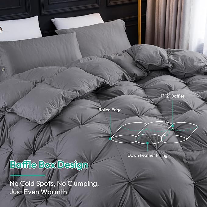 Three Geese Pinch Pleat Waterfowl Feathers and Down Comforter Cal King Size Duvet Insert,750+ Fill Power,1200TC 100% Cotton, Premium All Seasons Gray Warm Hotel Comforter with 8 Tabs.