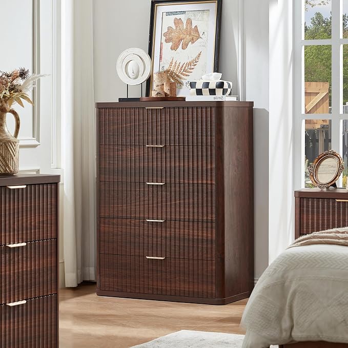 LEYAOYAO Fluted 5 Drawers Dresser Set of 2, 41" Tall Modern Chest of Drawers with Metal Handle, Curved Profile Dresser TV Stand, Wooden Drawer Organizer for Bedroom, Living Room, Hallway, Walnut - Image 3