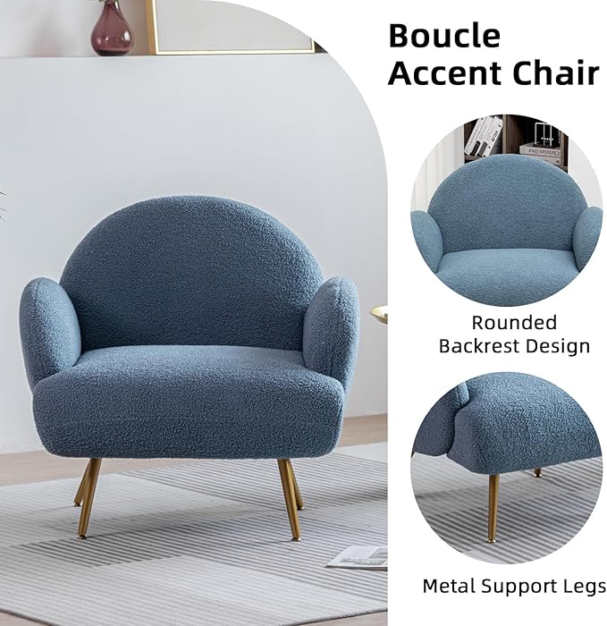 Blue Accent Sherpa Chair Comfy Modern Living Room Chair Teddy Fabric Mid Century Bedroom Chair with Golden Legs Arm Chair for Reading Bedroom Single