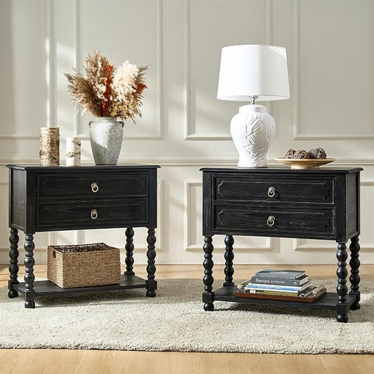 HULALA HOME Farmhouse Storage End Table Set of 2 with 2 Drawers and Open Shelf, Solid Wood Side Table with Spindle Legs, End Table with Charging Station (Charcoal) by HULALAHOME