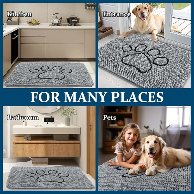 OLANLY Dog Door Mat for Muddy Paws 30x20, Paw Print Design, Absorbs Moisture and Dirt, Absorbent Non-Slip Washable Doormat, Quick Dry Chenille Mud Mat for Dogs, Entry Indoor Entryway Carpet, Grey - Image 8