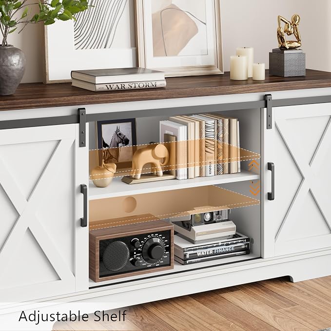 IDEALHOUSE Farmhouse Tv Stand for 65 inch TVs, Entertainment Center with Sliding Barn Doors and Adjustable Shelf, Modern Storage Media TV Console TV Stand Table for Living Room, Bedroom, White & Brwon - Image 3