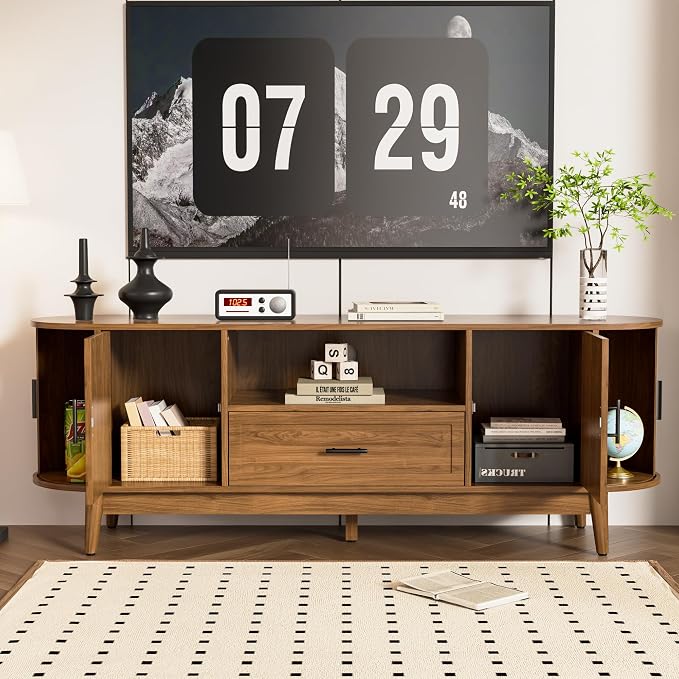 Mxtxmy 63" Fluted TV Stand for Tvs up to 70", Mid-Century Modern Entertainment Center with Drawers and Fluted Doors, Curved TV Media Console Table with Sliding Doors for Living Room, Bedroom (63") - Image 8