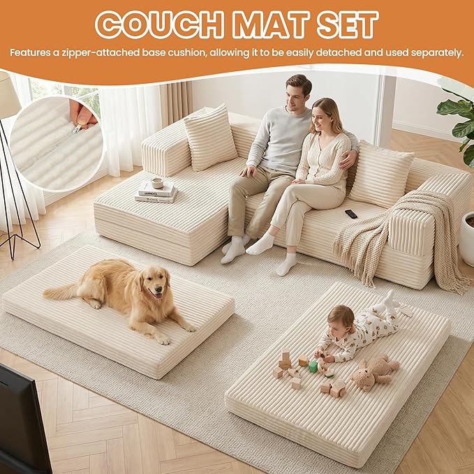 Modular Sectional Sofa, Boneless Convertible Oversized Sleeper Sofa Bed, Modern Tri-Folding Cloud Couch with L-Shape Chaise, Corduroy Futon Couches for Living Room Small Spaces Apartment,No Assembly