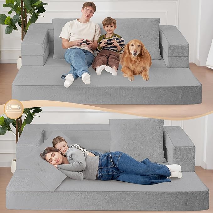 Futon Sofa Bed with Pillow, 3-in-1 Sleeper Sofa Bed with Removable Cover, Convertible Floor Sofa Bed, No Assembly Boneless Couch for Living Room, Bedroom