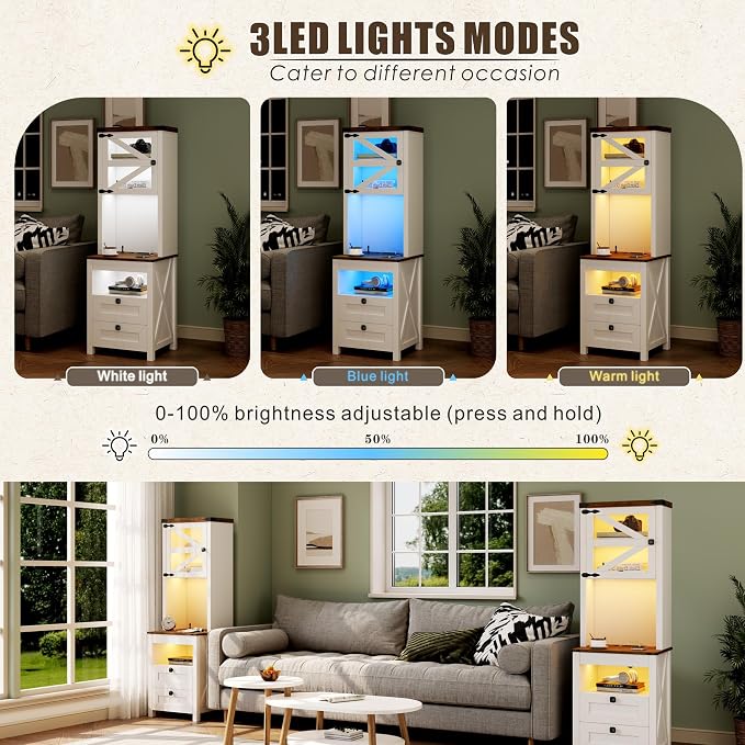 FREDEES Tall Nightstand with Charging Station, Bedside Table with Drawers & Adjustable Shelf, LED Night Stand with Gun Drawer, Farmhouse End Table for Bedroom, Antique White - Image 5