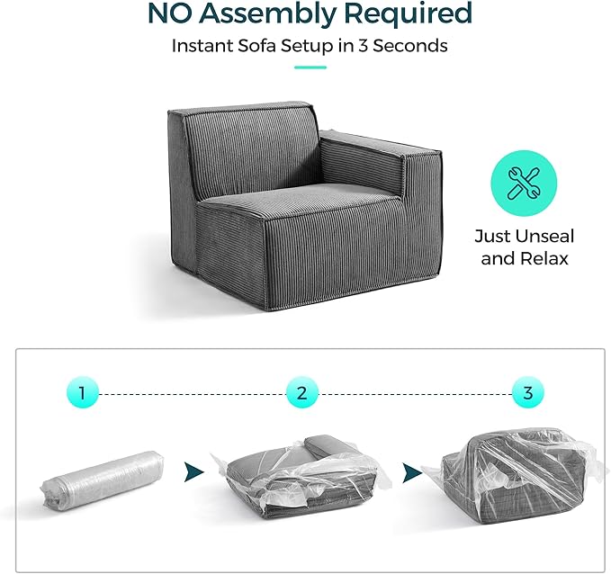 LINSY HOME Modular Sectional Sofa, 105" Boneless Couch L Shaped 3-Seat Sofa with Movable Ottoman, Corduroy Sectional Cloud Couches for Living Room, No Assembly Required, Bluish Grey