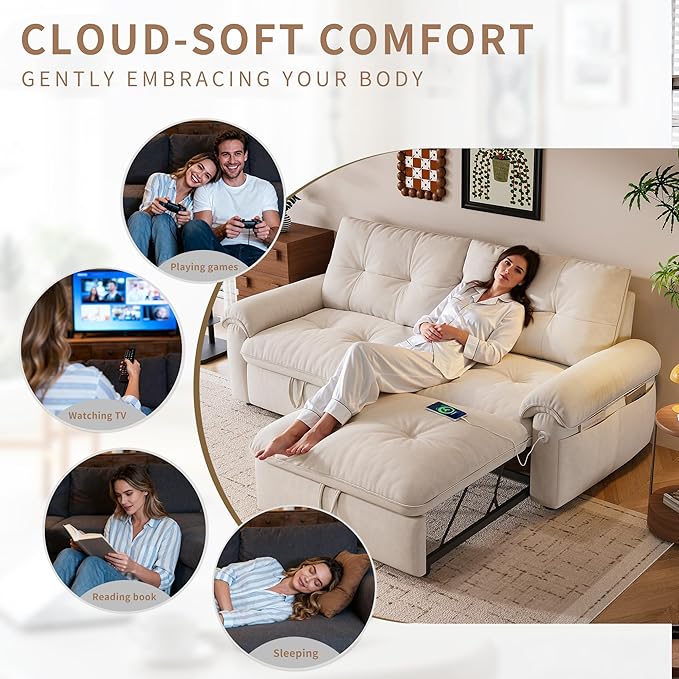 KEIKI 77" Modular Sectional Sofa with Pull-Out Bed, Convertible Sleeper Sofa Bed, 3-Seater Sleeper Sofa Couch for Living Rooms, Bedroom, Apartment, Beige