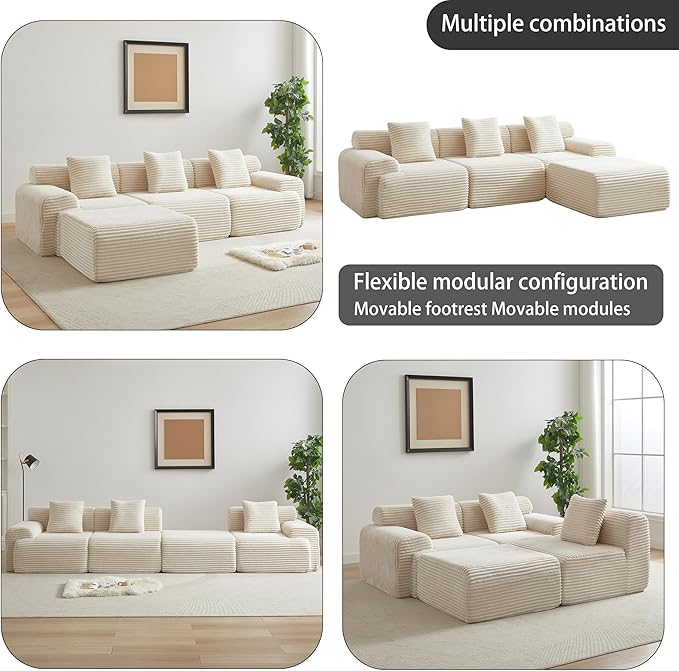 Cloud Compressed Modular Sectional Sofa, Comfy Corduroy Boneless Couch for Living Room, Modern L-Shaped Corner Couch with Reversible Ottoman, Non Slip, No Assembly & Deep Seat | Plush, Wider Armrest, Free Combination