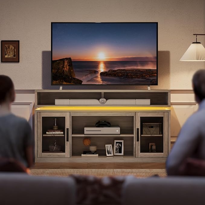 WLIVE Farmhouse TV Stand for TVs Up to 65 Inches, Tall Entertainment Center with Storage Cabinets & LED Lights, Media Console for Living Room, Bedroom, Home Theater, Gray Oak - Image 8