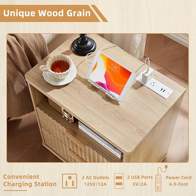 LEYAOYAO Fluted Farmhouse Nightstand Set of 2 with Charging Station, 23" Wide 2 Drawers End Table,Natural Dresser for Bedroom,Bed Side Table Chest of Drawers Cabinet,Wood Night Stand for Living Room - Image 8