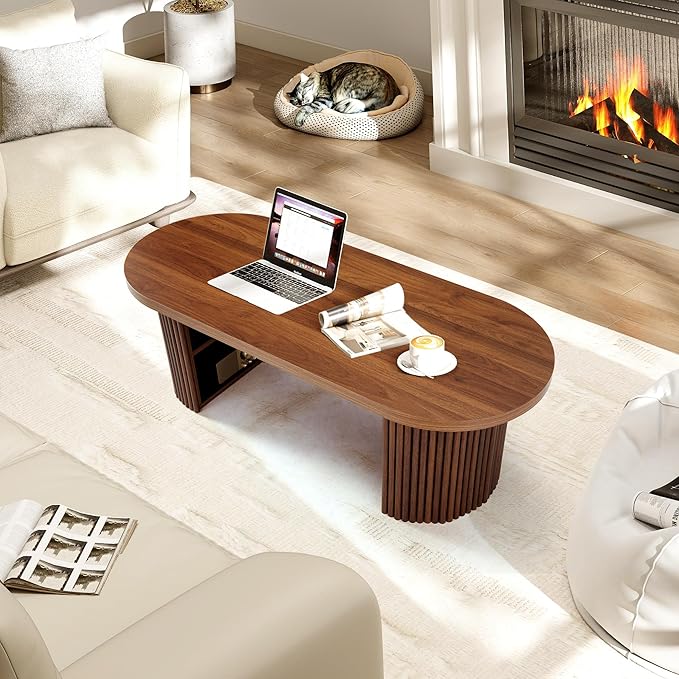 AVZEAR Oval Fluted Coffee Table for Living Room, Mid Century Modern Coffee Table with Storage, Curved Round Wooden Center Table for Home, Office, Cafe, Vintage Walnut(47.24" x 19.69" x 15.74")