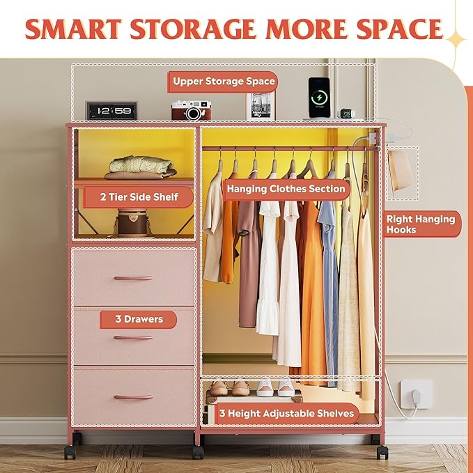 WLIVE Pink Dresser with Hanging Rack for Bedroom, 3 Drawer Dresser with LED Lights & Charging Station, Fabric Dressers & Chest of Drawers, Storage Organizer with Open Shelves for Living Room - Image 4