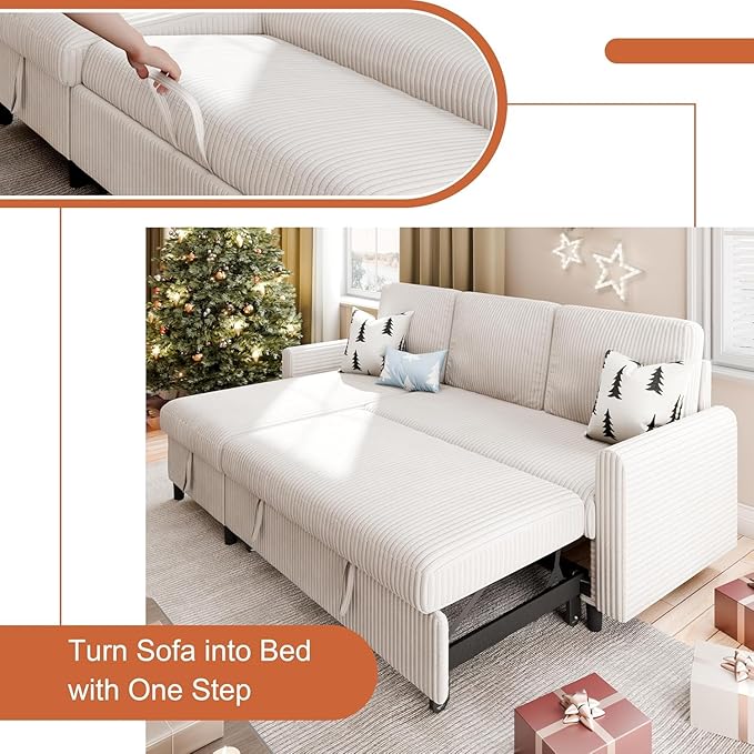 Shintenchi Futon Sofa Bed Convertible Couches L Shaped, 4‑in‑1 Sectional Sleeper Sofa Pull Out Couches for Living Room, Multifunctional Couch with Storage Chaise Corduroy Fabric, White