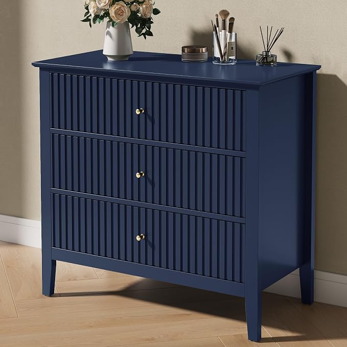 May in Color Large Blue Fluted 3 Drawer Dresser Set of 2, Chest of Drawers with Ball Bearing Slide Modern 30 inch Tall Wood Nightstand with Spacious Storage for Bedroom Hallway Living Room Entryway - Image 8