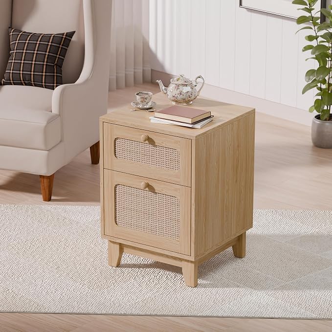Modern Rattan Nightstand Set of 2, Wicker Rattan Stand with Drawer, Wooden Bedside Table for Small Spaces, Natural Wood Side Table for Bedroom - Image 5