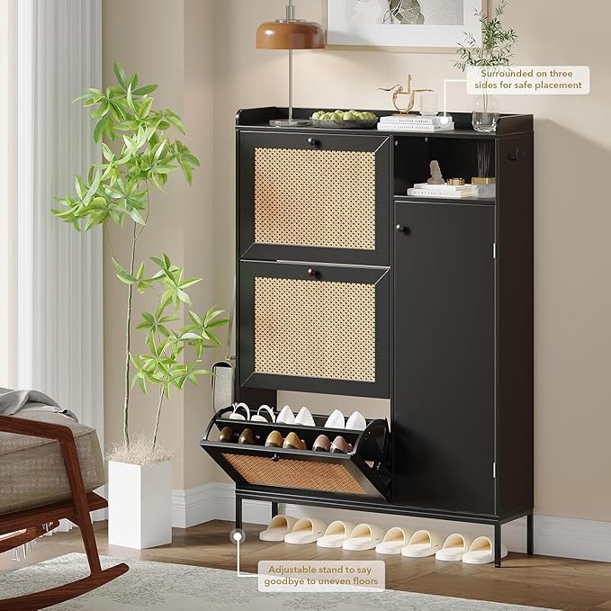 GarveeLife 3-Tier Rattan Shoe Cabinet with Flip Drawers, Adjustable Shelves and Narrow Storage Design, Perfect for Entryways, Hallways, and Bedroom Organization in Wood