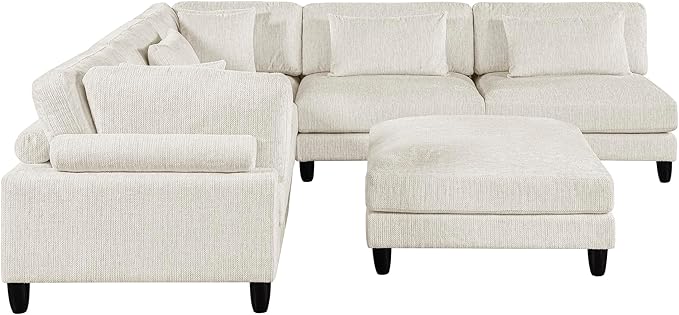 Lexicon 120 Inch Modular Sectional Sofa - Oversized 6 Seater Microfiber L Shaped Sectional Couch with Ottoman, 7 Accent Pillows, and Flexible Arrangement for Modern Living Rooms, Beige