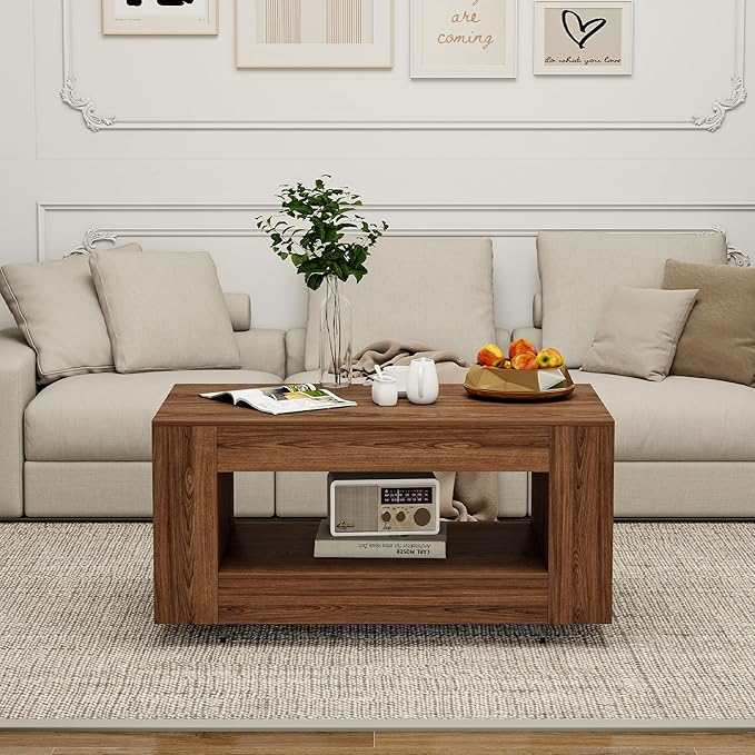 39" Wood Coffee Table for Living Room, Sides Storage with Transparent Legs, Minimalist Farmhouse 2-Tier Storage Shelf Center Table for Home Office, Apartment, Walnut