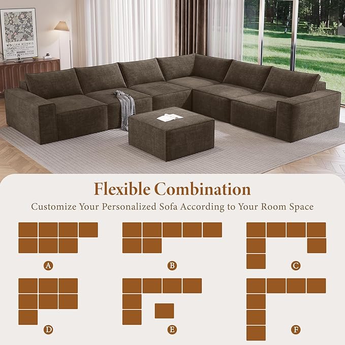 Vesgantti 143.7" Boneless Couch for Living Room, 6 Seater Modular Sectional Sofa with Ottoman & Deep Seat, Convertible Chenille Oversized Cloud Couches, No Assembly Required, Dark Brown