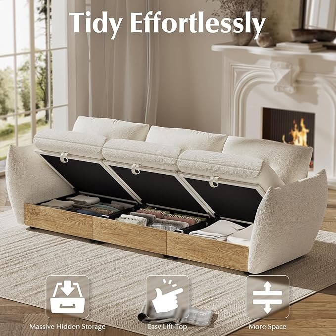98" 3-Seater Cloud Couch Sectional Modular Sofa with Storage, Cotton and Linen Fabrics Modern Oversized Deep Seat Sofa with Armrest Pillow, Easy Assembly for Living Room, Apartment, Ivory
