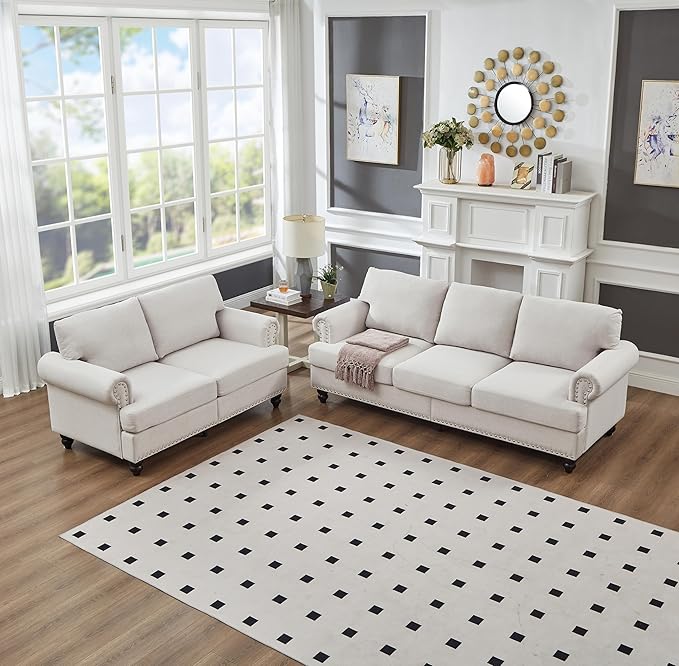 2 Pieses Living Room Sofa Sets Linen Fabric Couch and Loveseat with Nailhead Decor, Soild Wood Legs, Rolled Armrests & Storage ,2PCS Sofas 3 Seaters Couch and Love Seat for Living Room Furniture Sets