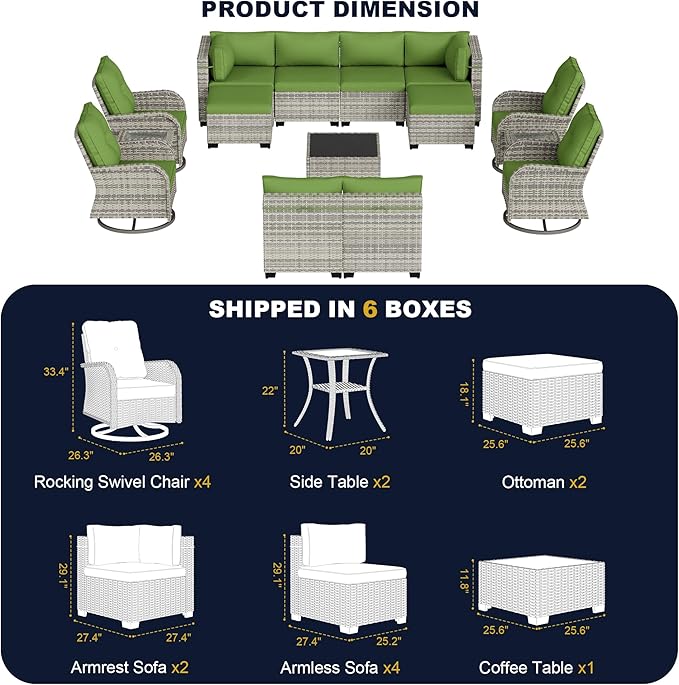 15-Piece Outdoor Patio Furniture Set with Rocking Swivel Chair, Wicker Rattan Sectional Sofa Conversation Set with Tempered Glass Table with Ottomans, Backyard Furniture, Avocado Green