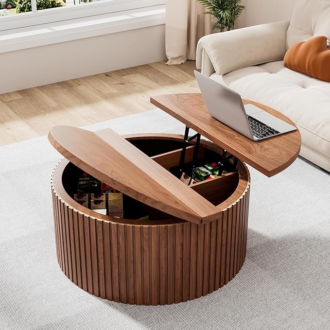 Fluted Lift Top Coffee Table with Hidden Storage, 31.6 Inch Round Coffee Tables for Living Room, Circle Wood Center Tables for Home (Walnut)