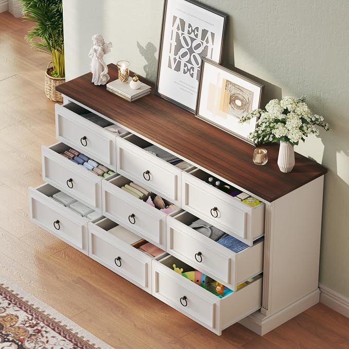 HUAHUU Farmhouse 9 Drawer Dresser for Bedroom, 60" Wide Wood Dresser with Roman Column, Chest of Drawers with Antique Bronze Circle Handles, Storage Organizer for Living Room, Hallway, Entryway, White - Image 6