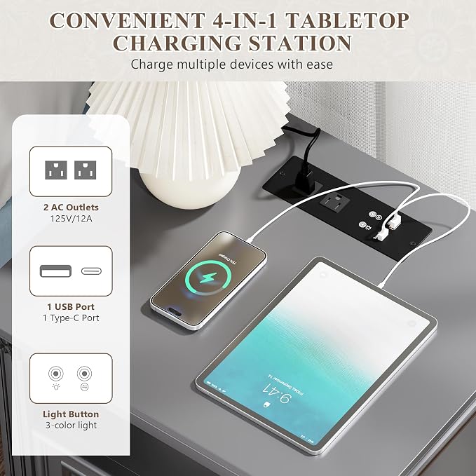 Night Stand with Charging Station, Nightstands with 3 Color LED Lights, Side Table with 2 Drawers Storage, Bedside End Table with Outlets and USB Ports for Bedroom, Grey - Image 3
