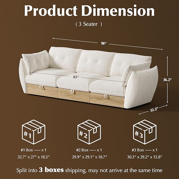 98" 3-Seater Cloud Couch Sectional Modular Sofa with Storage, Cotton and Linen Fabrics Modern Oversized Deep Seat Sofa with Armrest Pillow, Easy Assembly for Living Room, Apartment, Ivory