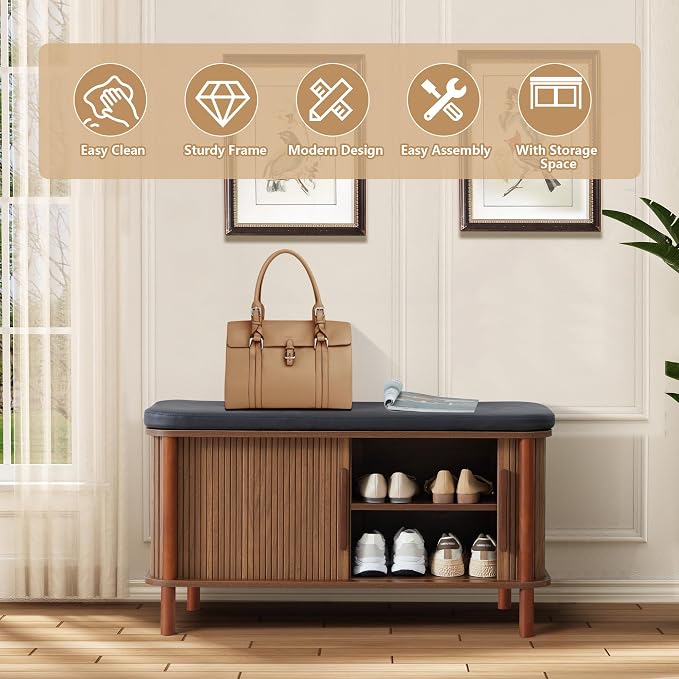 Shoe Bench, Entryway Shoe Cabinet with Leather Cushion and Sliding Door, Modern Shoe Storage Organizer for Living Room, Hallway (Walnut) - Image 8
