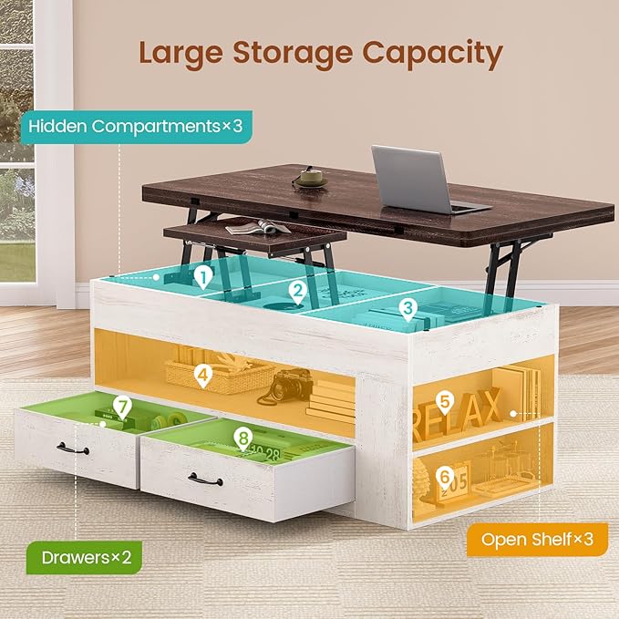 Itaar Lift Top Coffee Table, 4 in 1 Coffee Tables with Storage and Hidden Compartment, Farmhouse Coffee Table with 2 Fabric Drawers & LED Light for Living Room, White