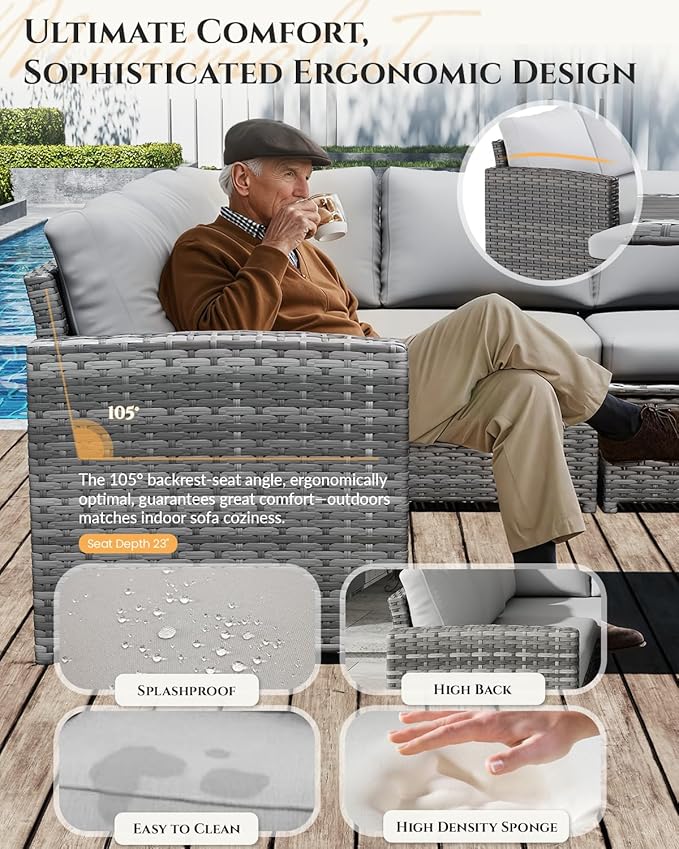 U-MAX 7 Pieces Patio Furniture Set with 43" Fire Pit Table, Outdoor Sectional Sofa Conversation Set, All Weather Wicker Rattan Dining Table & Chair with Ottoman, Grey Rattan&Light Grey Cushion