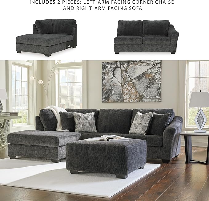 Signature Design by Ashley Biddeford Contemporary L-Shaped 2-Piece Sectional with Chaise, Loose Seat Cushions and 4 Accent Pillows, Gray