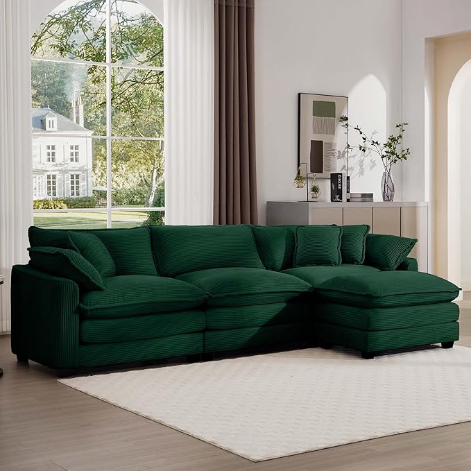 KEIKI 115" L-Shaped Oversized Corduroy Modular Sectional Sofa with 1 Ottoman, High-Density Foam Cushions, Removable Armrests, Upholstered 3-Seater Corner Couch with 5 Pillow, for Living Room, Green