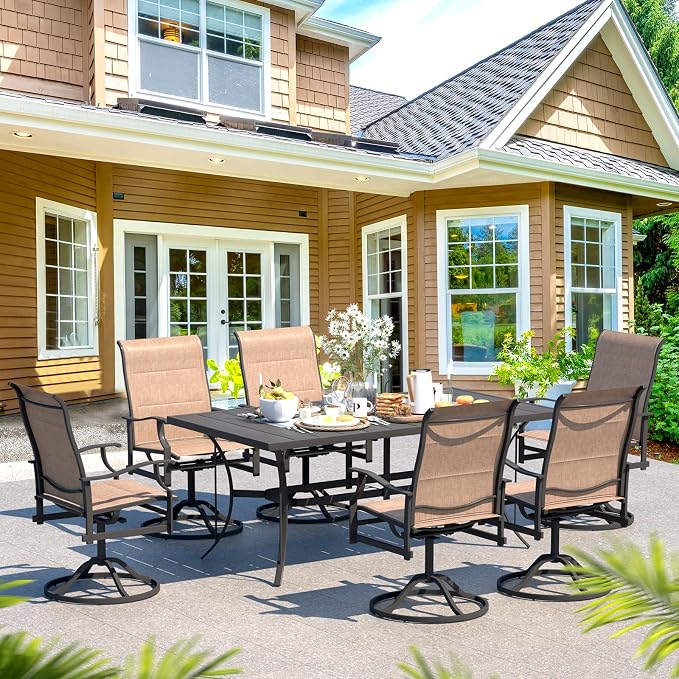 BUPPLEE Outdoor Patio Dining Set with 6 Swivel Chairs, Metal Table with Umbrella Hole, 7-Piece Patio Table and Chairs for Backyard, Poolside, Balcony and Garden (Brown) - Image 8