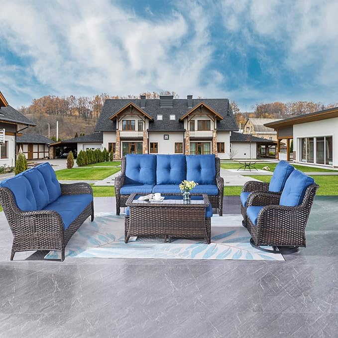 Rilyson Wicker Patio Furniture Set - 7 Piece Rattan Outdoor Sectional Conversation Sets with 2 Rocking Swivel Chairs,2 Ottomans,2 Sofa and 1 Coffee Table for Porch Deck Garden(Brown/Blue)