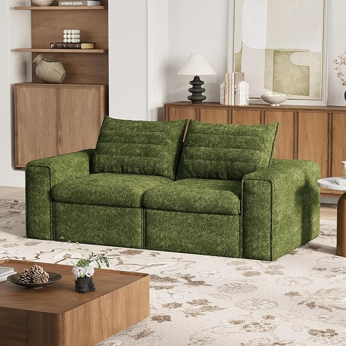 77" Cloud Loveseat Sofa, Deep Seat Couch with Pillows, Modern Comfortable Upholstery Boneless Sofa, 1 piece for Living Room, Bedroom, Apartment, Removable Cover，No Assembly Required, Algae Green