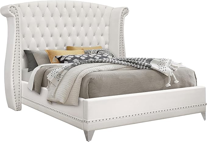 Coaster Home Furnishings Barzini Modern Classic 5-Piece Bedroom Set Velvet Upholstered Queen Size Wingback Bed Frame 63-inch Headboard White 300843Q-S5