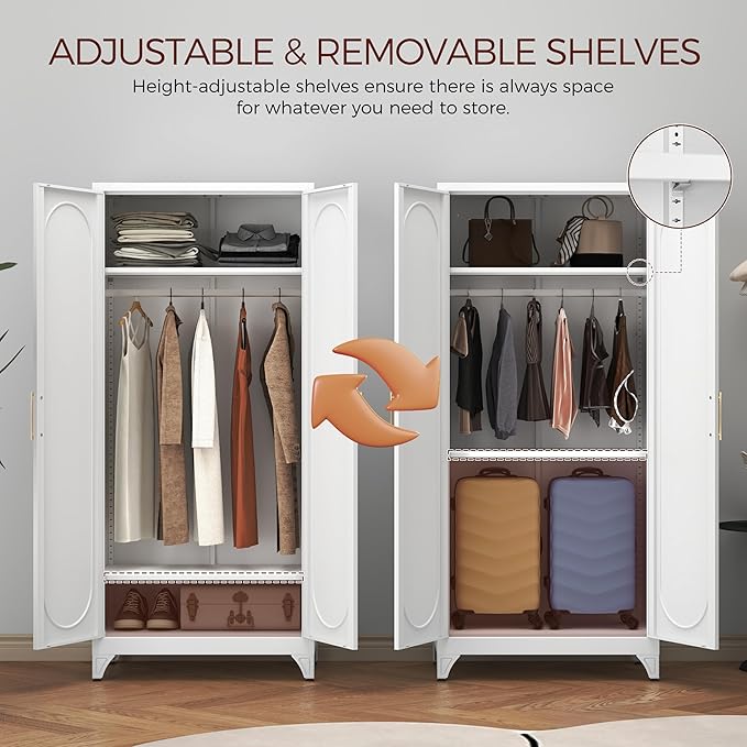 71" White Wardrobe Closet with 2 Doors, Metal Armoire Wardrobe Cabinet with Hanging Rod and Adjustable Shelves, Clothing Storage Cabinets for Bedroom, Laundry Room, Home Office