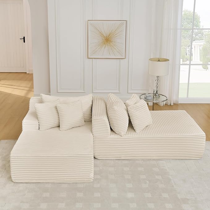Fluffy Corduroy Double Chaise Lounge Daybed 83-Inch Oversized Loveseat Sleeper Sofa Bed,Boneless Love Seat Recliner Sleeper Couch Full Foam Floor Cloud Sofa Chaise W/6 Pillows for Living Room Bedroom