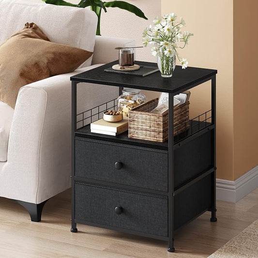 EnHomee 17.8" W Nightstand, End Table with Fabric Drawers and Open Wood Shelf Storage,Safety Netting on 2 Sides of Night Stand,Bedside Table with Metal Frame for Bedroom,Closet, Dorm,Black and Gray by EnHomee